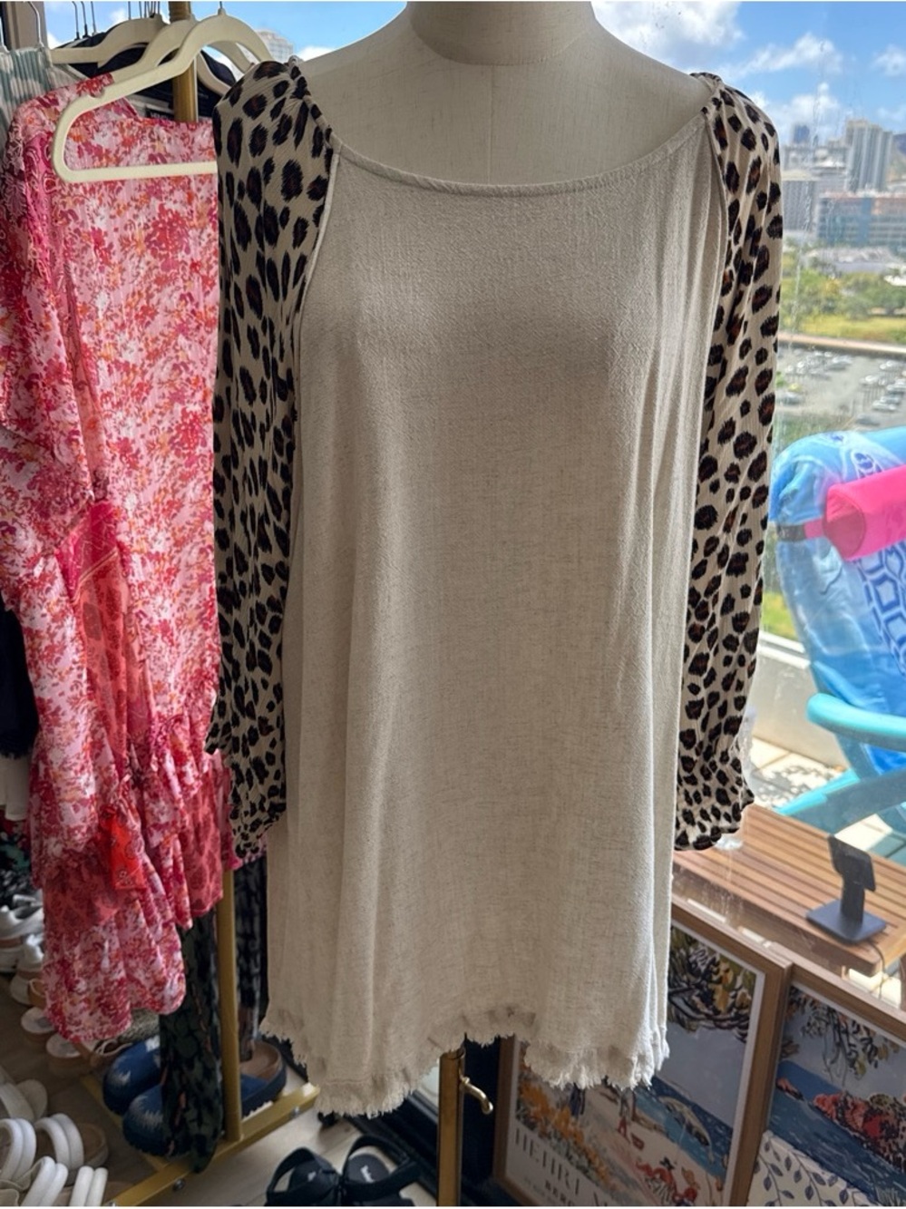 Umgee Cream Tunic with Leopard-Print Sleeves